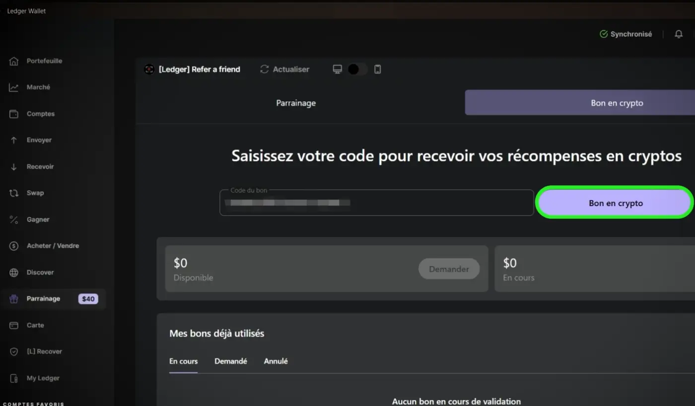 Champ de saisie du bon de
réduction Ledger dans Ledger Live pour obtenir le bonus BTC
