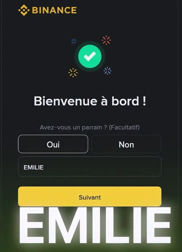 Champ code de parrainage Binance lors de l'inscription, avec le code EMILIE renseigné