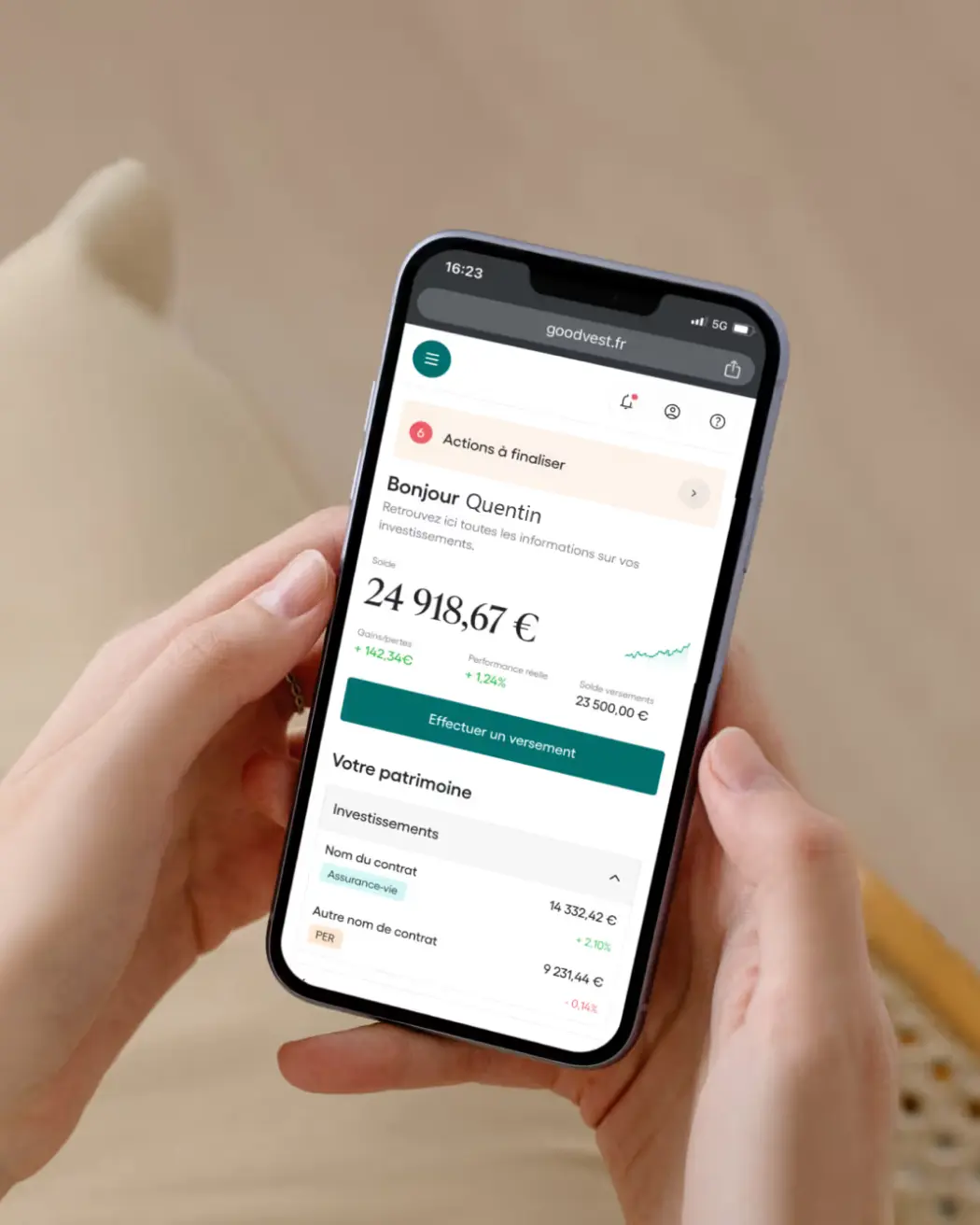 Interface Goodvest accessible via navigateur mobile