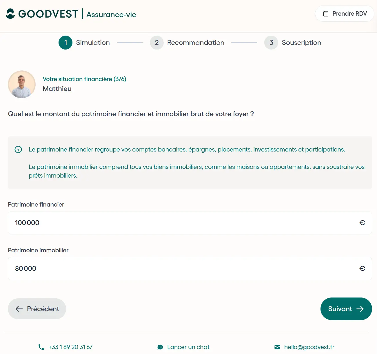Interface onboarding Goodvest — RDV et appel possibles
