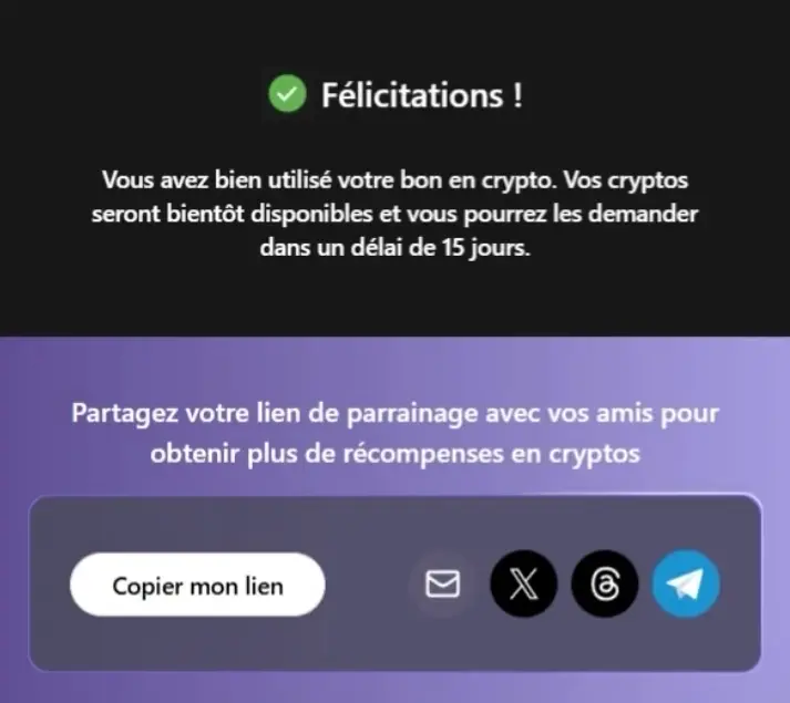 Message de confirmation du
bonus parrainage Ledger reçu dans Ledger Live