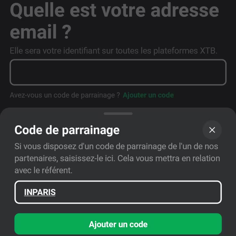 Saisie du code parrainage INPARIS lors de l'inscription XTB