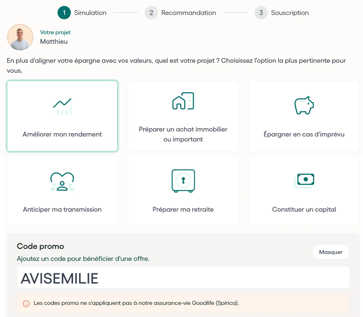 Étape 1 : saisie du code promo Goodvest lors de la simulation