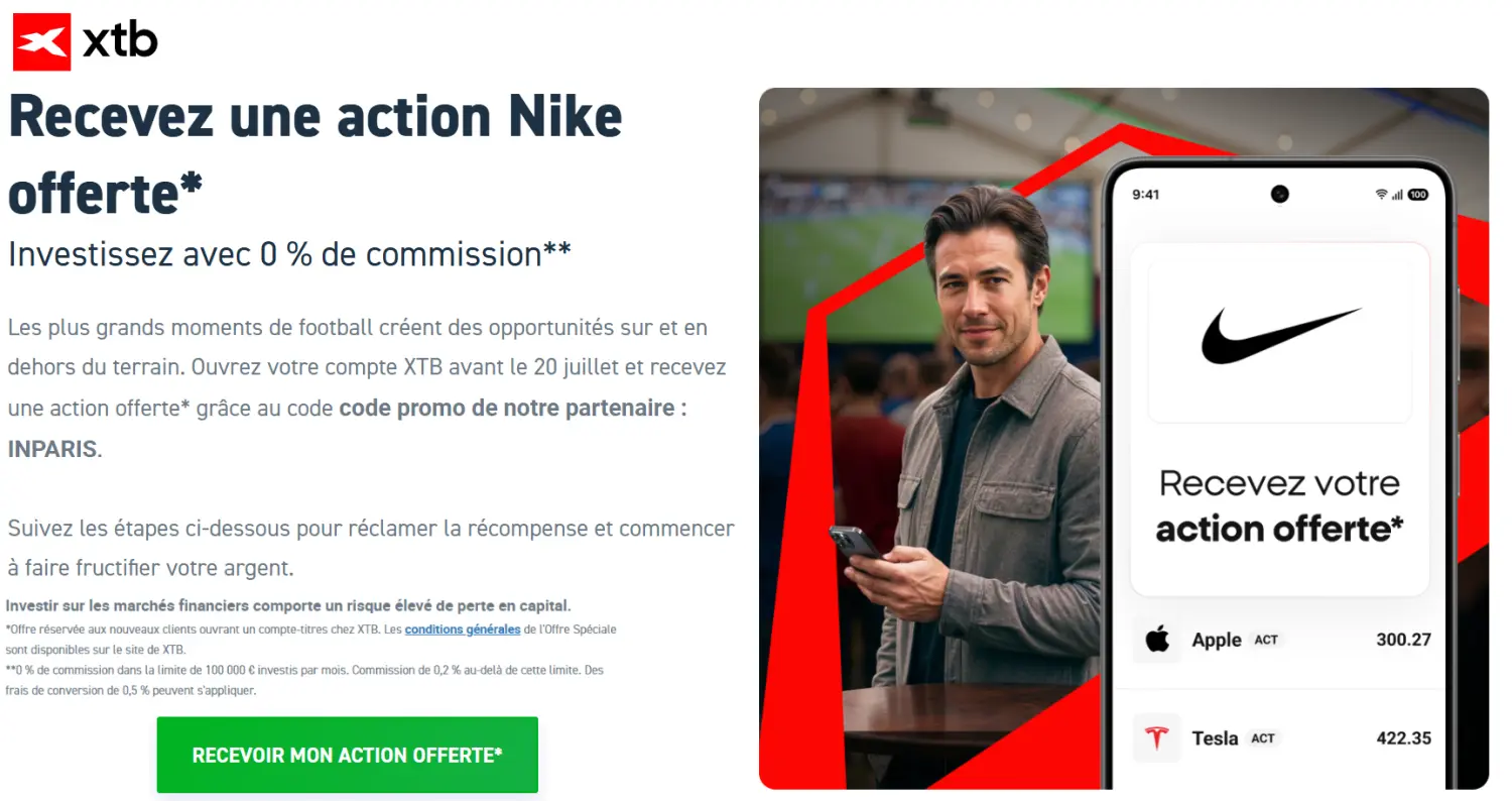 Détail des conditions de l'offre parrainage XTB : action Nike offerte dès 100 € déposés