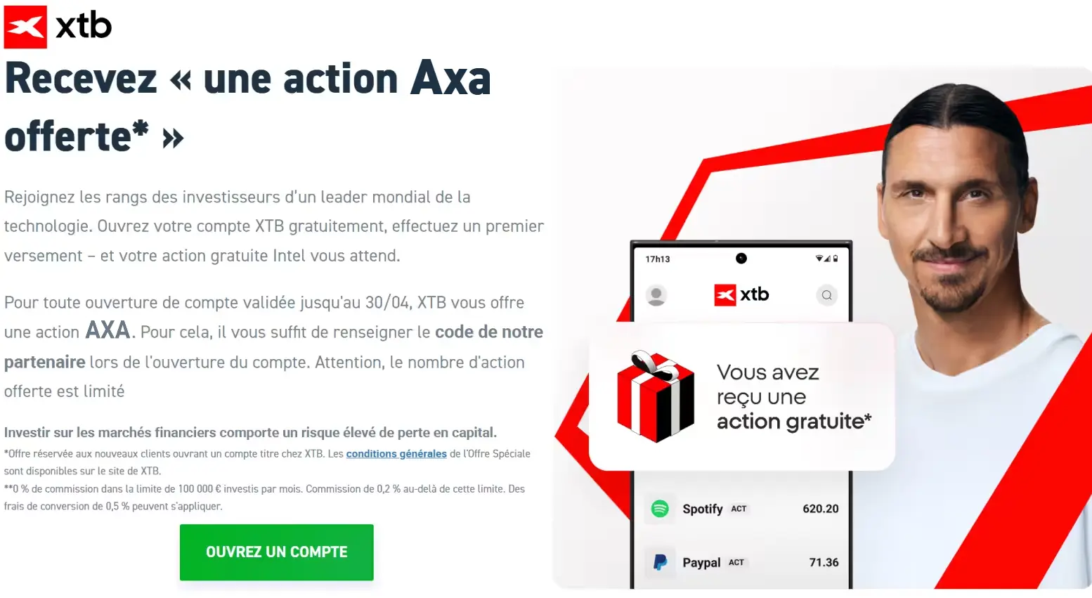 Exemple de campagne XTB : action AXA offerte avec le code parrainage INPARIS