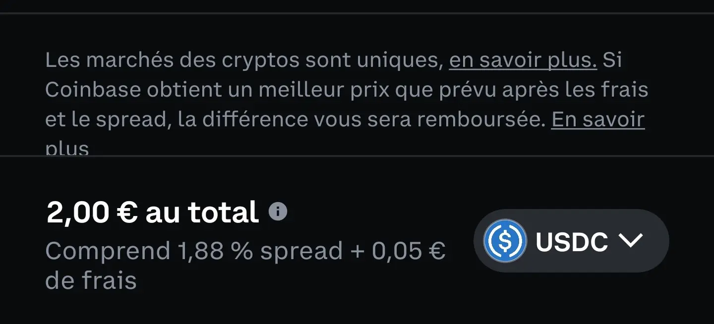Spread de presque 2% sur Coinbase lors d'un achat Bitcoin
