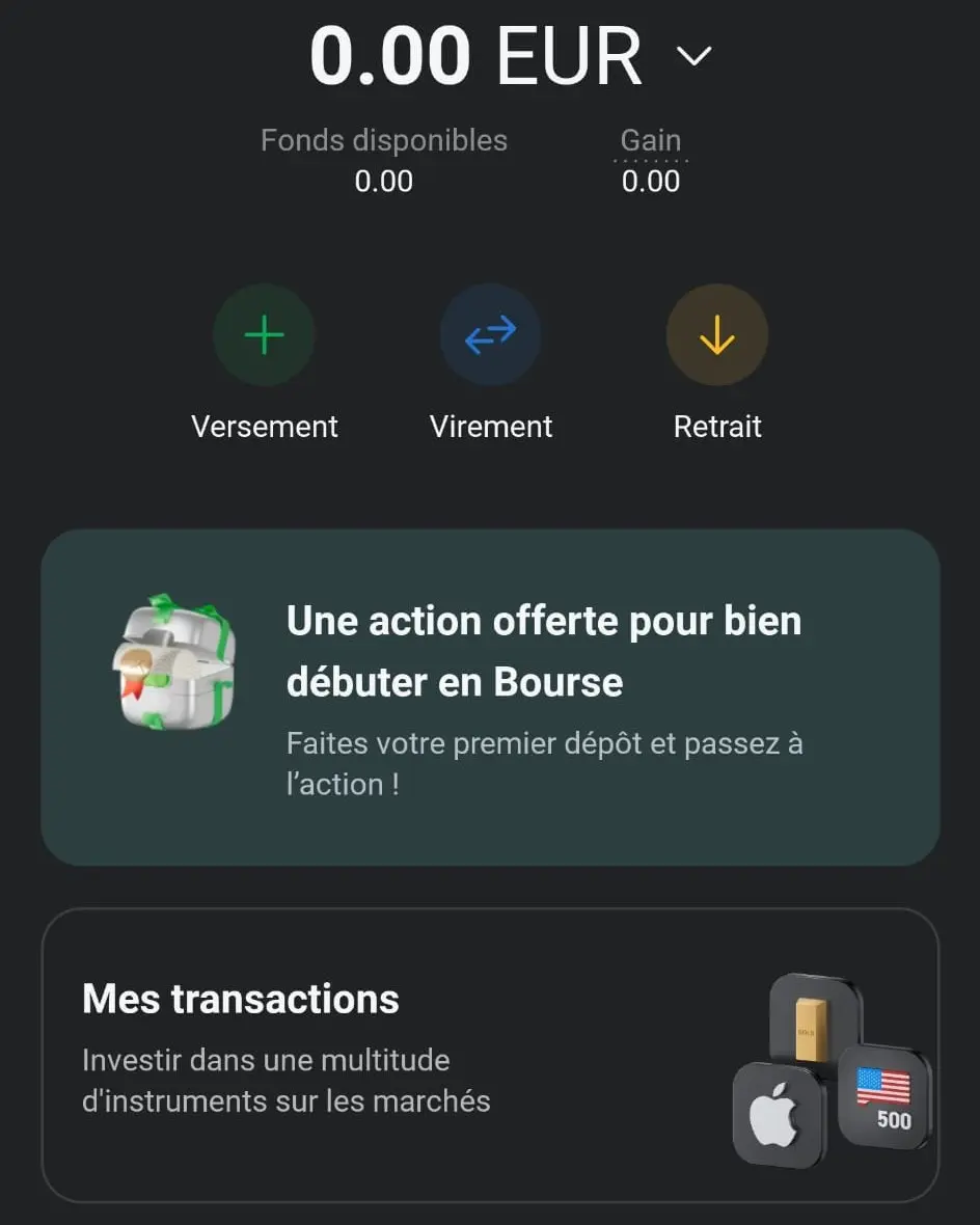 Interface XTB : offre action gratuite avec code parrainage INPARIS visible dans l'espace client