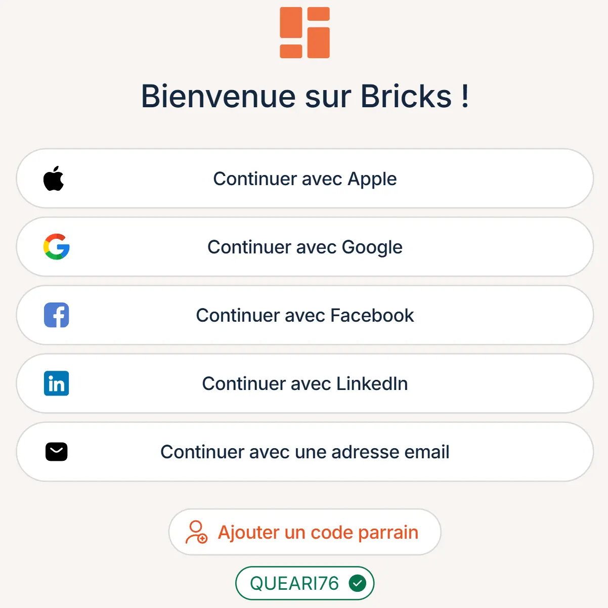 Code parrainage QUAR1736 appliqué sur Bricks avec le bonus cashback visible dans le compte
