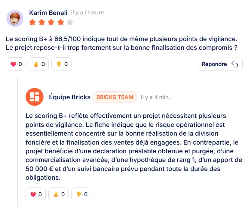 Interface des commentaires et questions de la communauté d'investisseurs sur un projet Bricks
