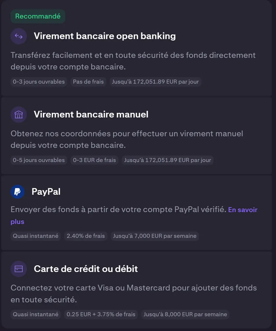 Interface de dépôt en euros sur Kraken via virement SEPA