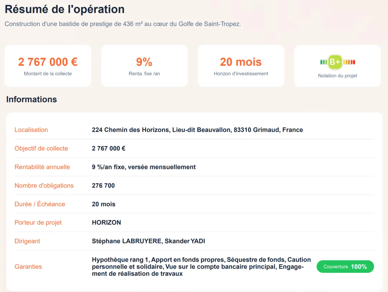Extrait de la note d'opération d'un projet Bricks, document d'analyse indépendante consultable avant investissement