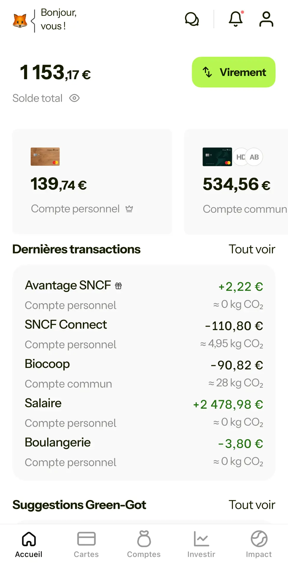 Interface principale de l'application mobile Green-Got