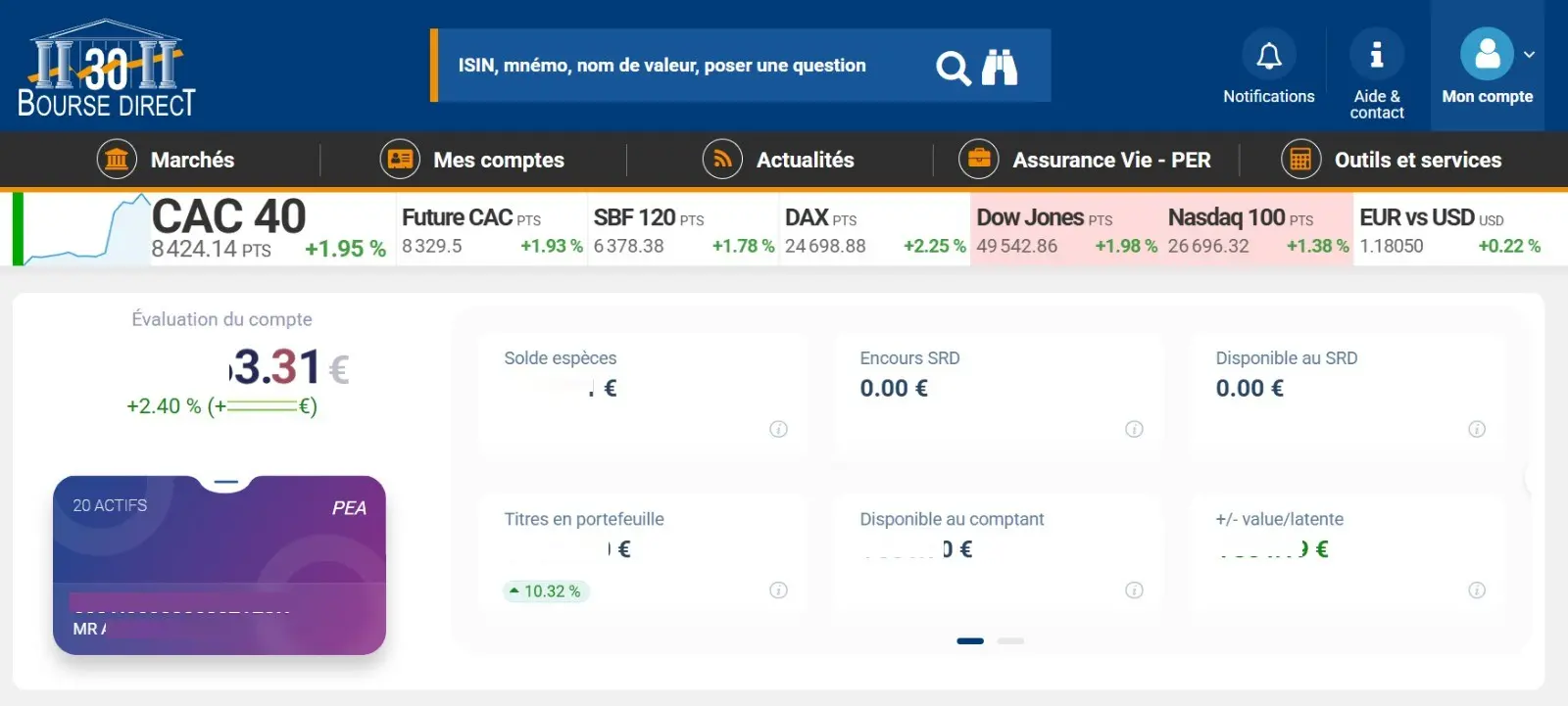 Interface du compte PEA Bourse Direct