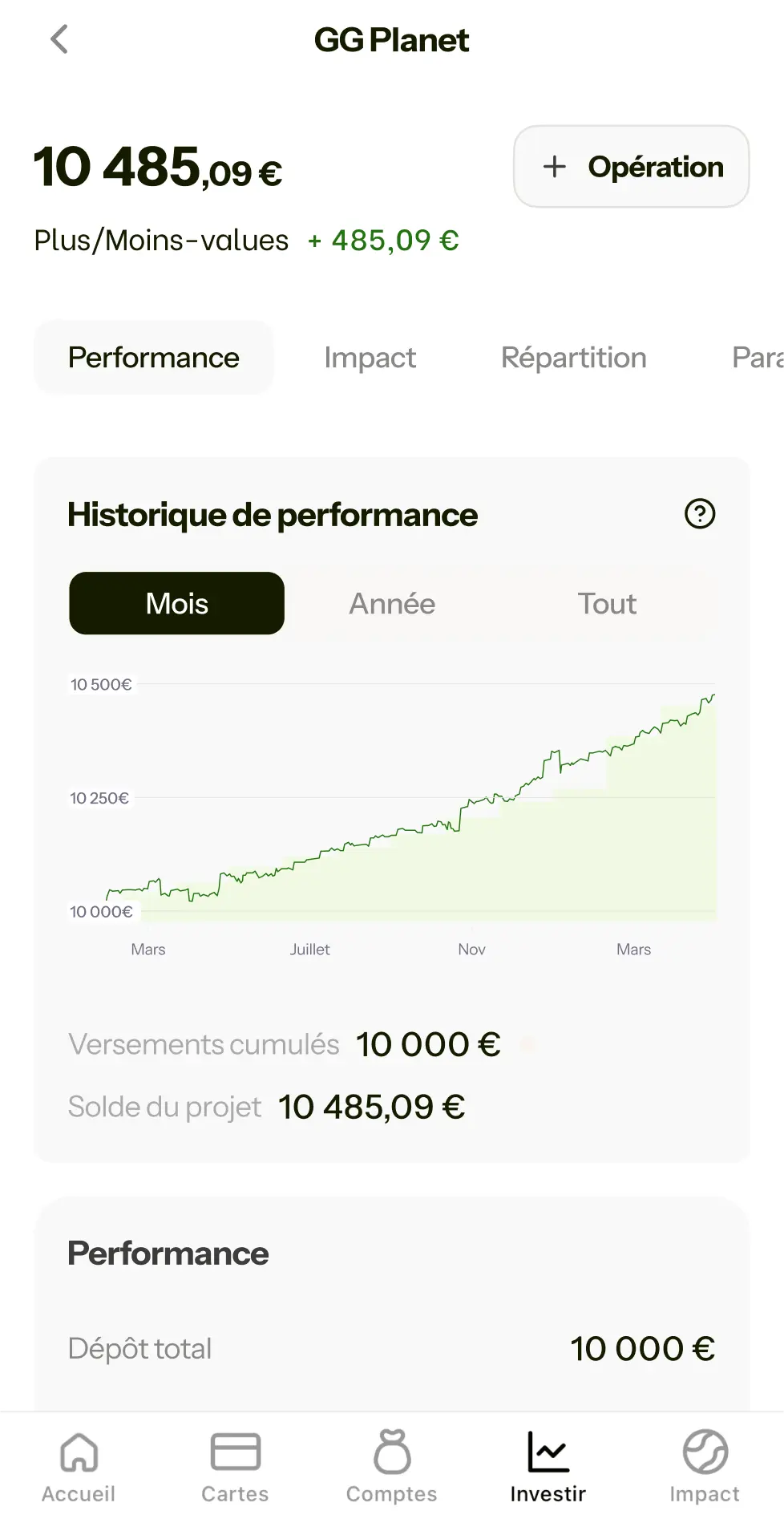 Interface de l'assurance vie GG Planet de Green-Got sur mobile