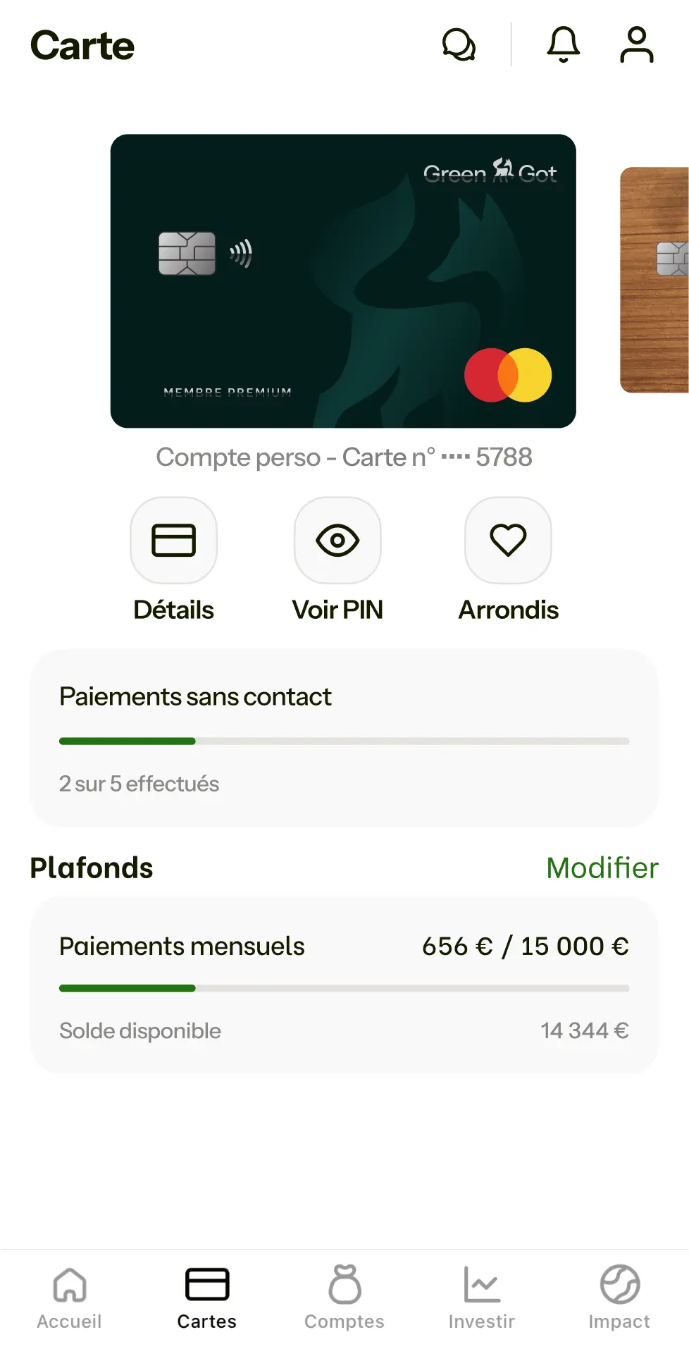 Interface de gestion de la carte bancaire sur l'application Green-Got