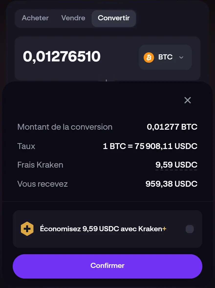 Interface de conversion BTC vers USDC sur Kraken desktop, frais de 1 % visibles