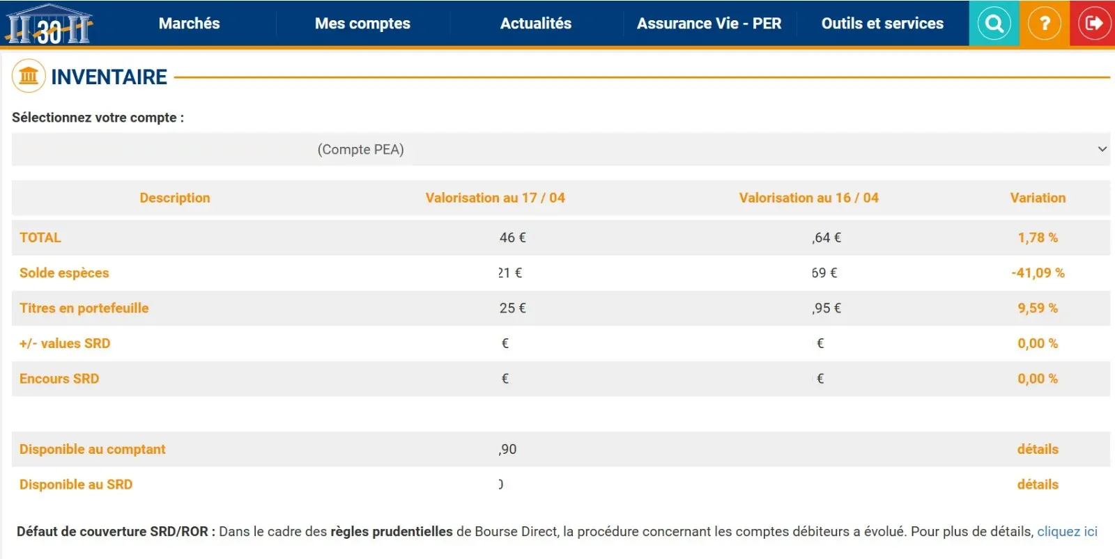 Interface principale de Bourse Direct sur ordinateur