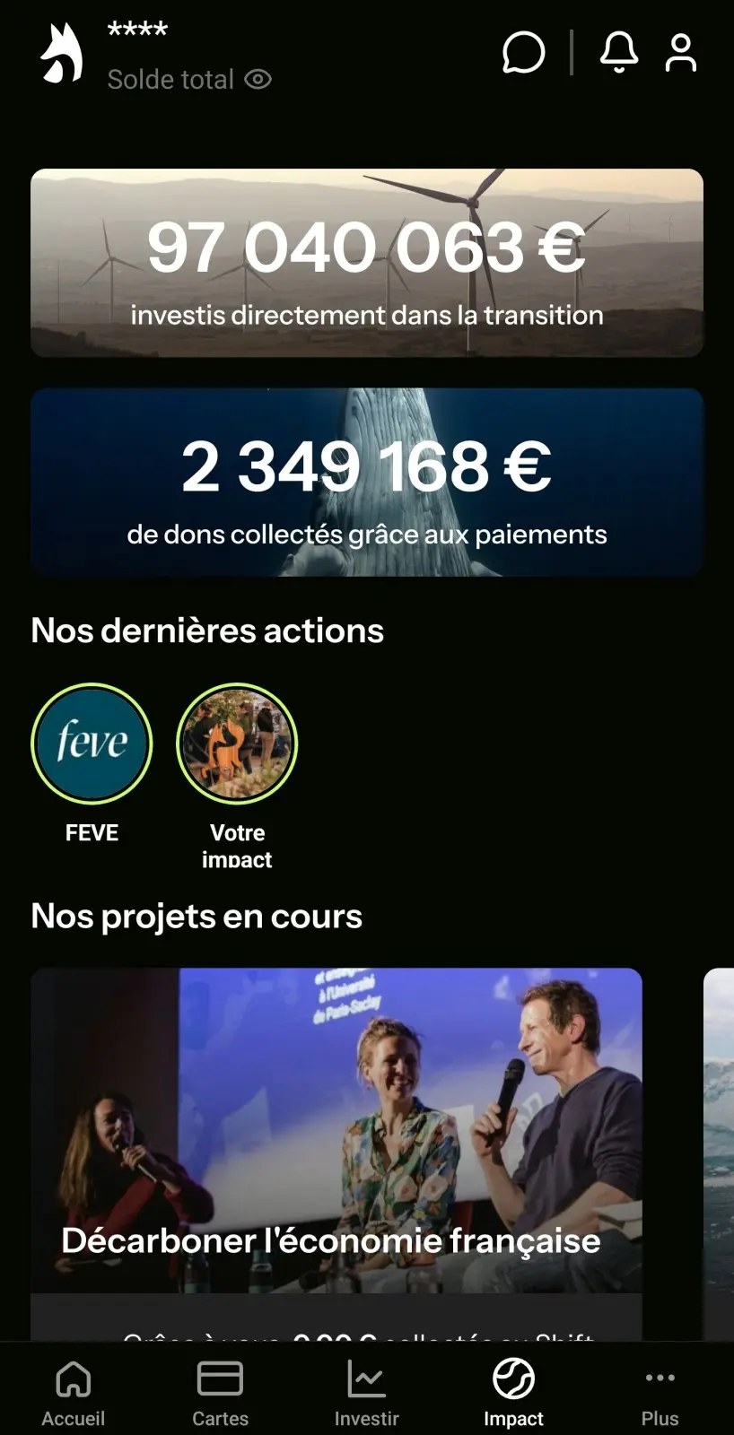 Onglet impact écologique avec la liste des projets financés dans l'app Green-Got