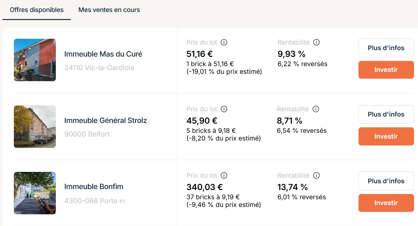 Capture de la marketplace Bricks de l'ancien modèle royalties, montrant des parts proposées à la revente avec des décotes significatives sur le prix d'achat