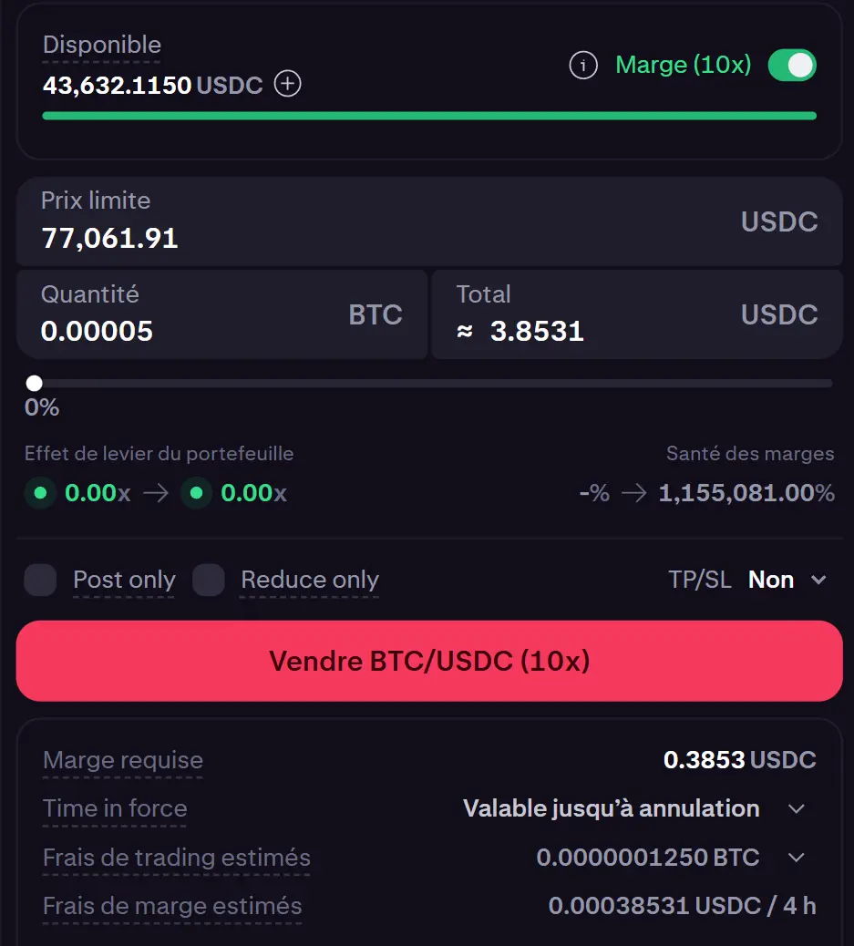 Interface ordres sur marge Kraken Pro, effet de levier jusqu'à x10