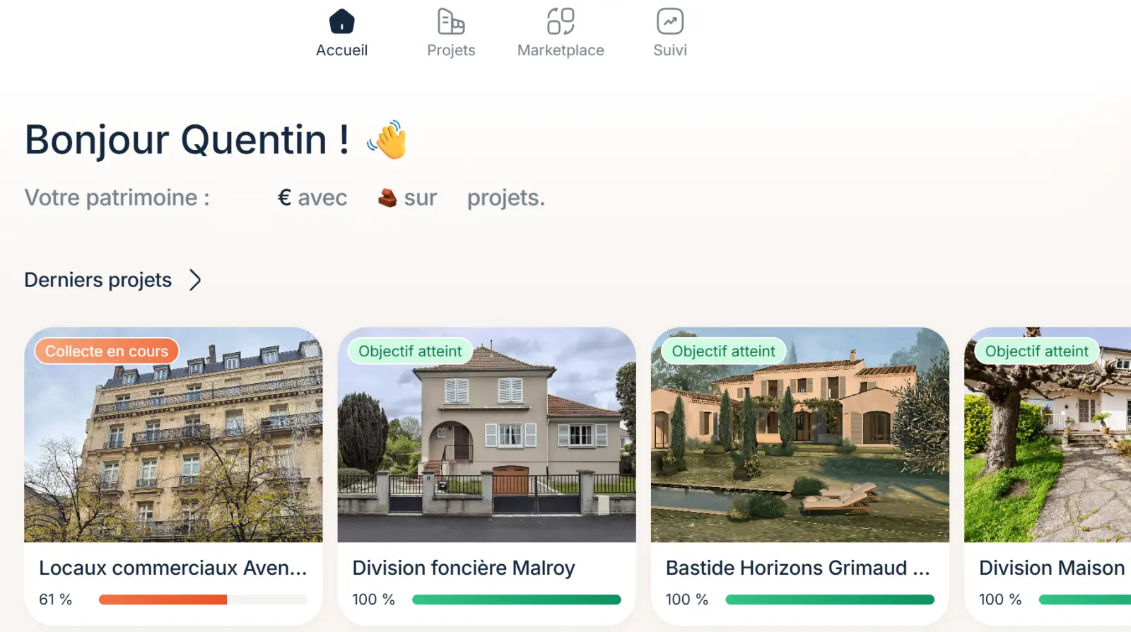 Page d'accueil de Bricks présentant les projets disponibles avec leurs taux d'intérêt, durées et avancement de collecte