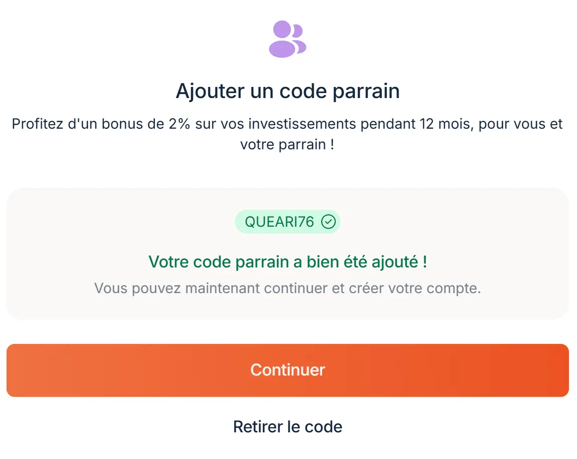 Validation du code parrainage QUAR1736 dans le champ dédié sur Bricks