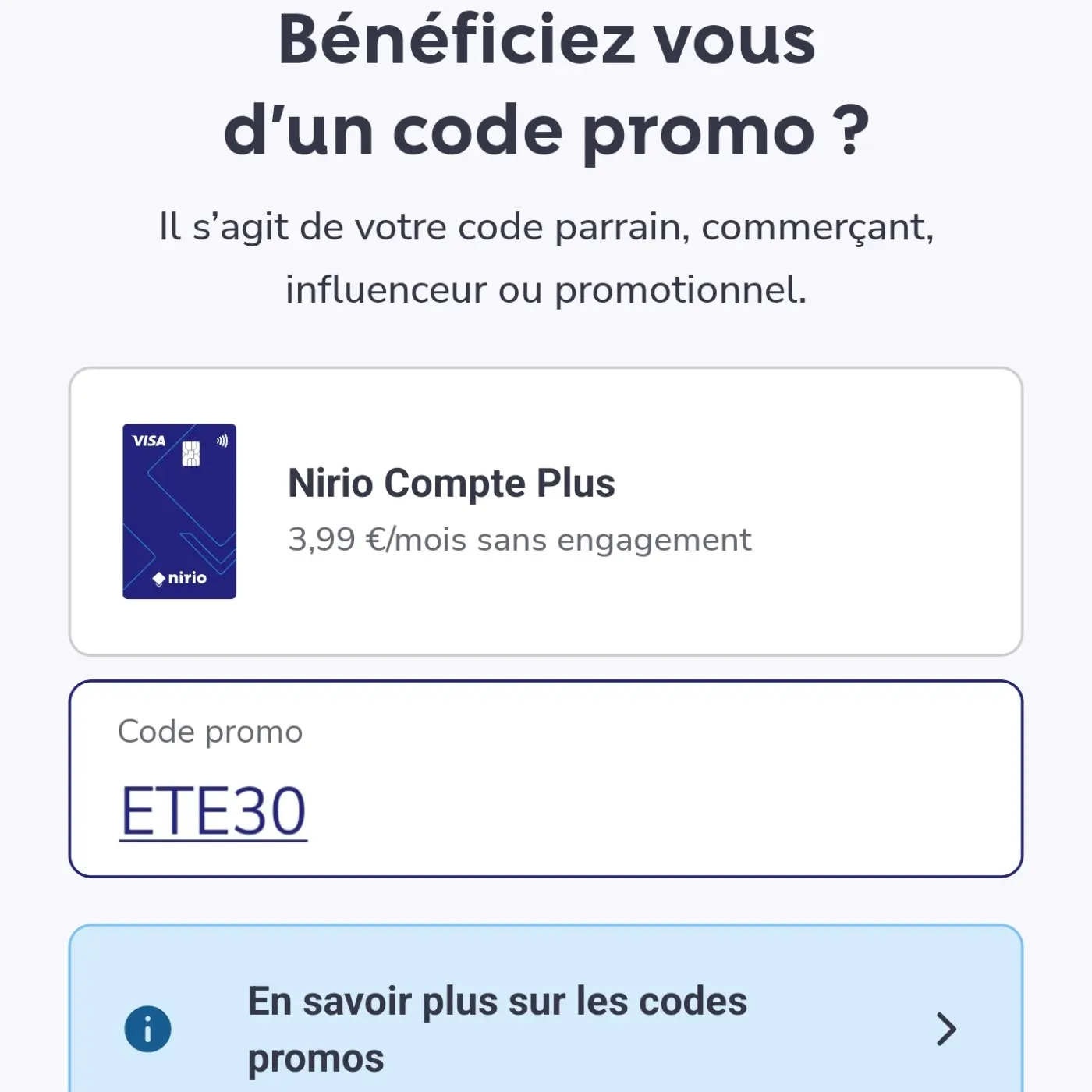 Champ de saisie du code promo Nirio lors de l'inscription