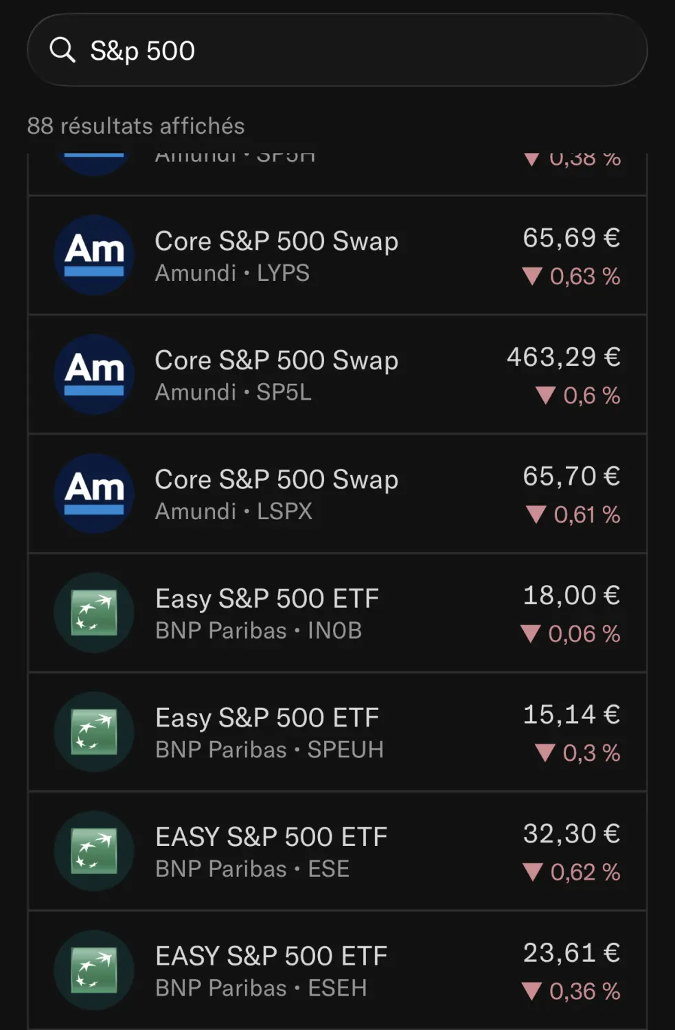 Quatre ETF S&P 500 BNP Paribas au même intitulé sans code ISIN dans la recherche du PEA N26
