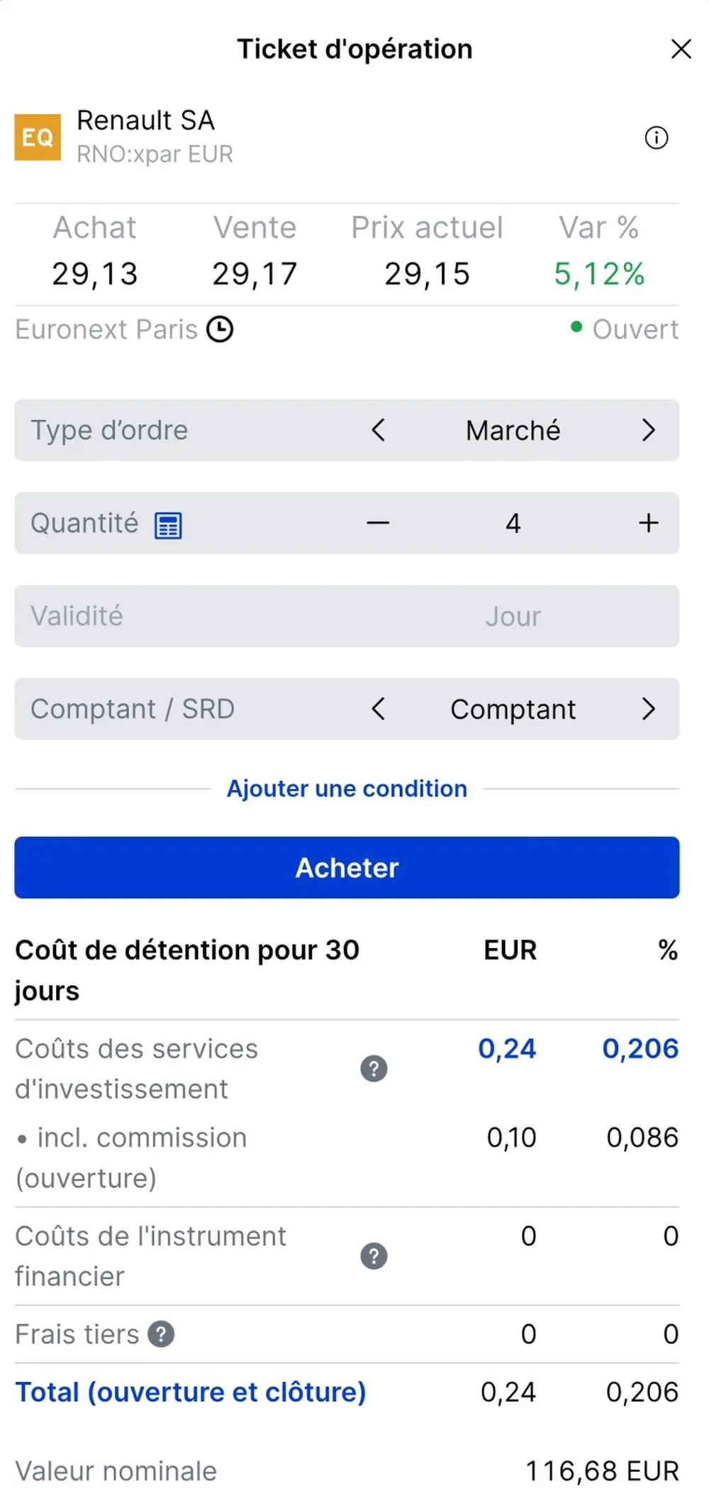 Ticket d'ordre détaillé pour l'achat d'une action dans le PEA Saxo Banque