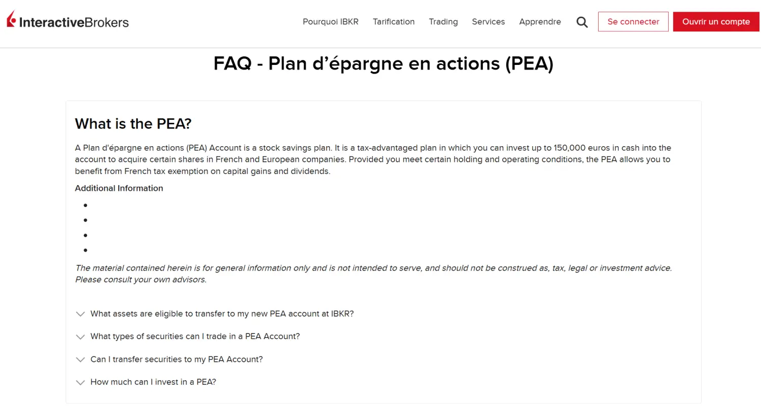 Page du PEA Interactive Brokers affichée en anglais