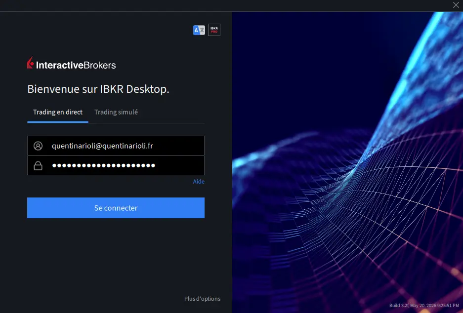 Interface de connexion d'Interactive Brokers sur desktop