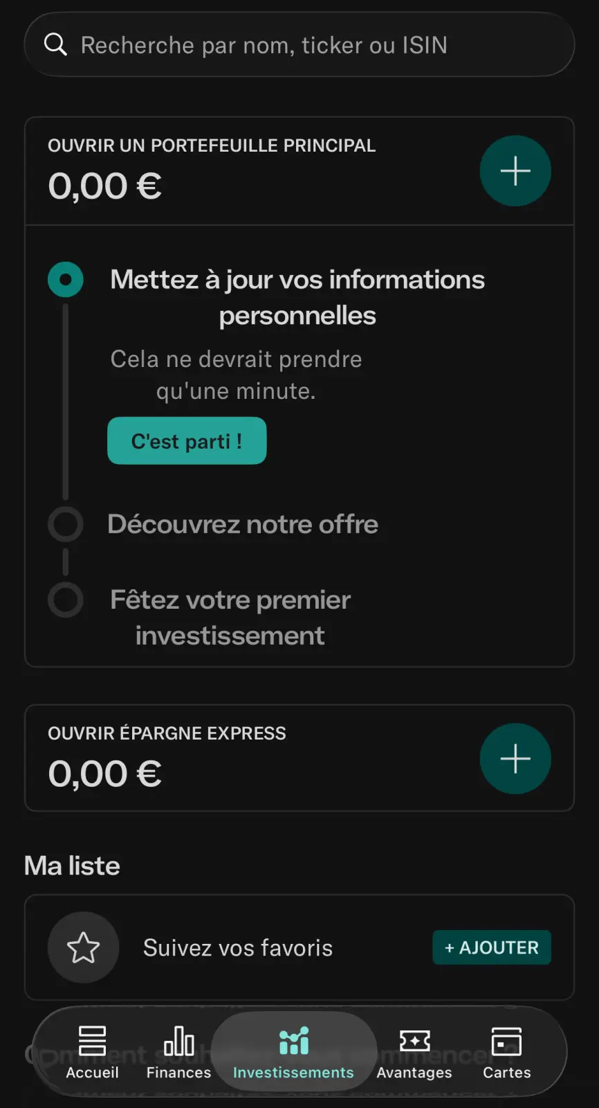 Onglet Investissements du PEA N26 dans l'application mobile