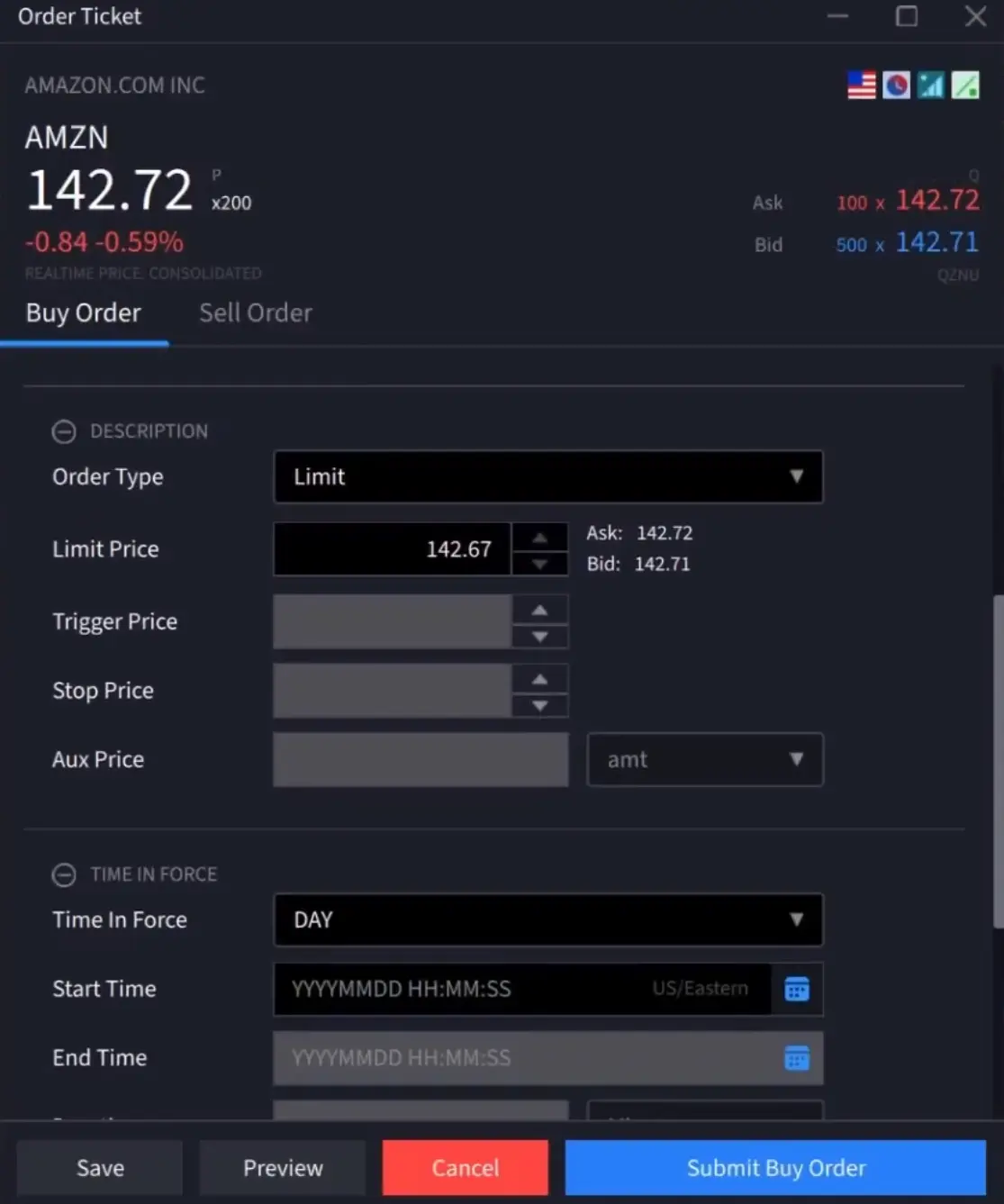 Vue détaillée du passage d'ordre sur Interactive Brokers