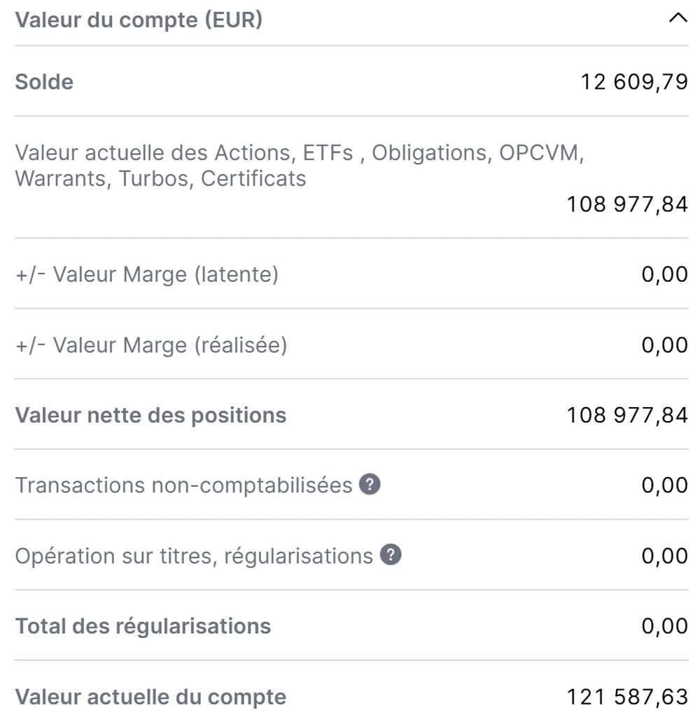 Résumé du portefeuille PEA dans l'interface ordinateur Saxo Banque