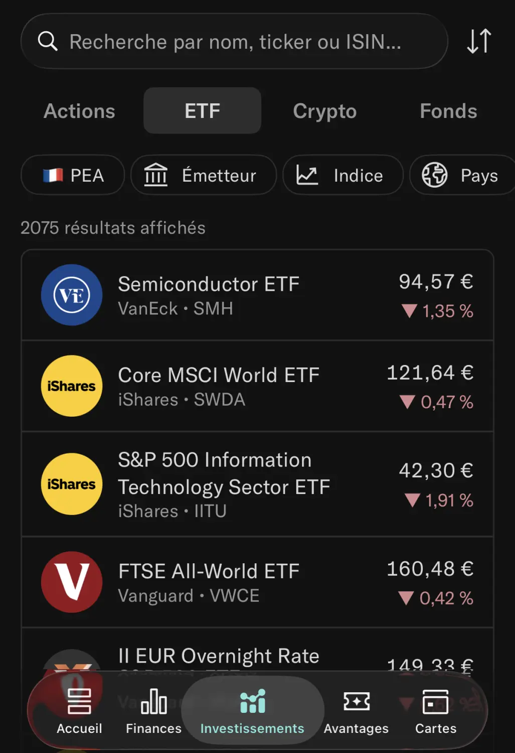 Catalogue d'environ 2000 ETF disponibles sur le compte-titres N26