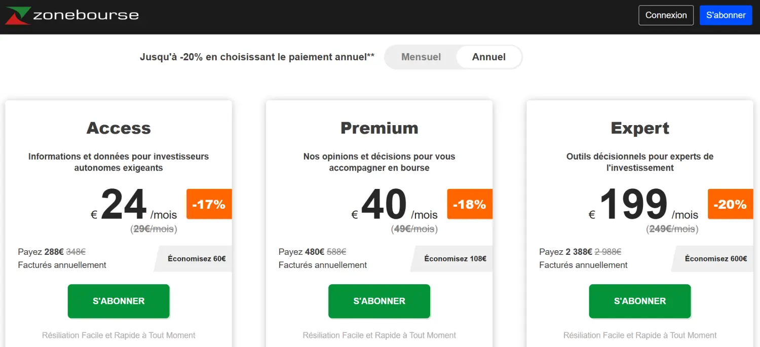 Offre annuelle abonnement Zonebourse, jusqu'à -20% en paiement annuel