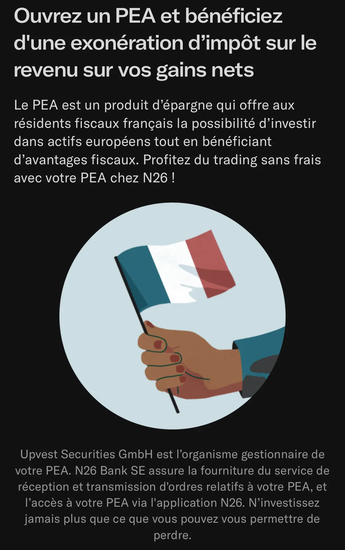 Écran d'information N26 lors de l'ouverture du PEA N26 géré par Upvest