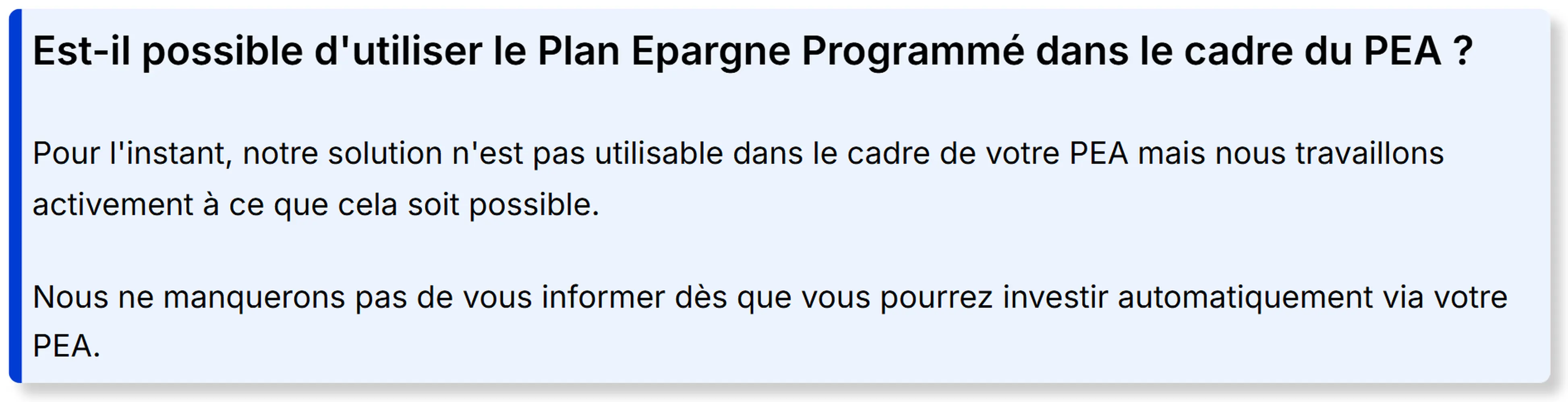 Message indiquant que le plan d'épargne programmé n'est pas disponible dans le PEA Saxo Banque