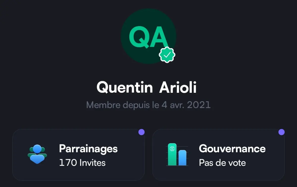 Le compte SwissBorg de Quentin Arioli depuis 2021