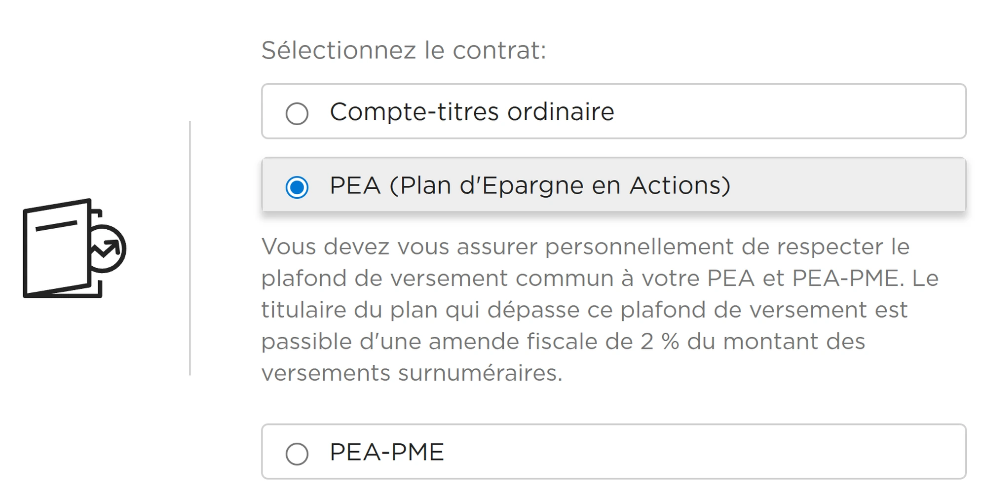 Sélection du PEA Fortuneo lors de l'inscription en ligne