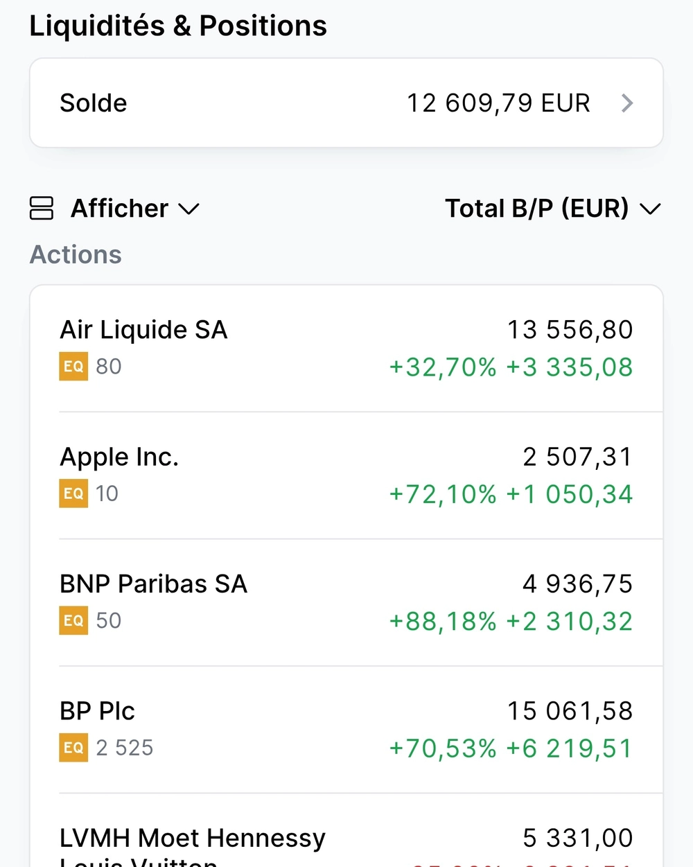 Suivi du portefeuille PEA sur l'application mobile Saxo Banque