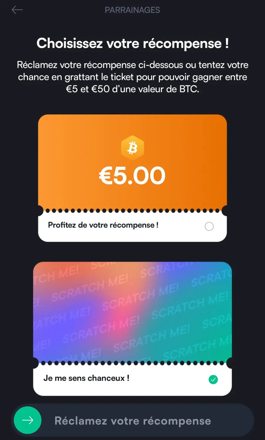 Choix entre récompense fixe et ticket à gratter du parrainage SwissBorg