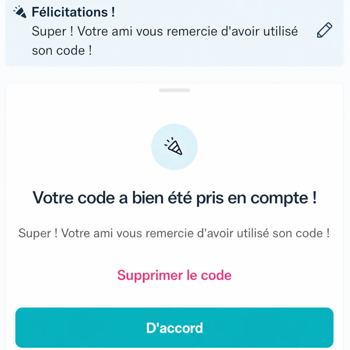 N26 80 euros offerts : validation de la saisie du code parrainage