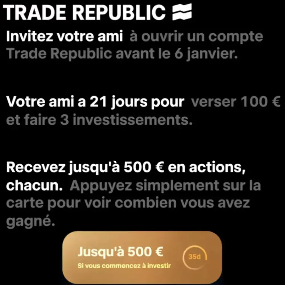 Écran du délai de 21 jours pour valider le bonus Trade Republic
