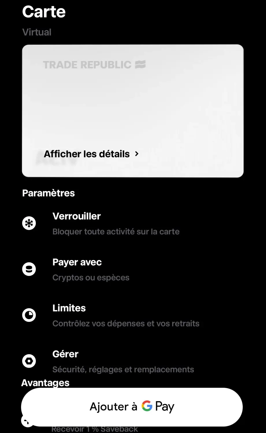 Interface carte paiement trade republic neobanque