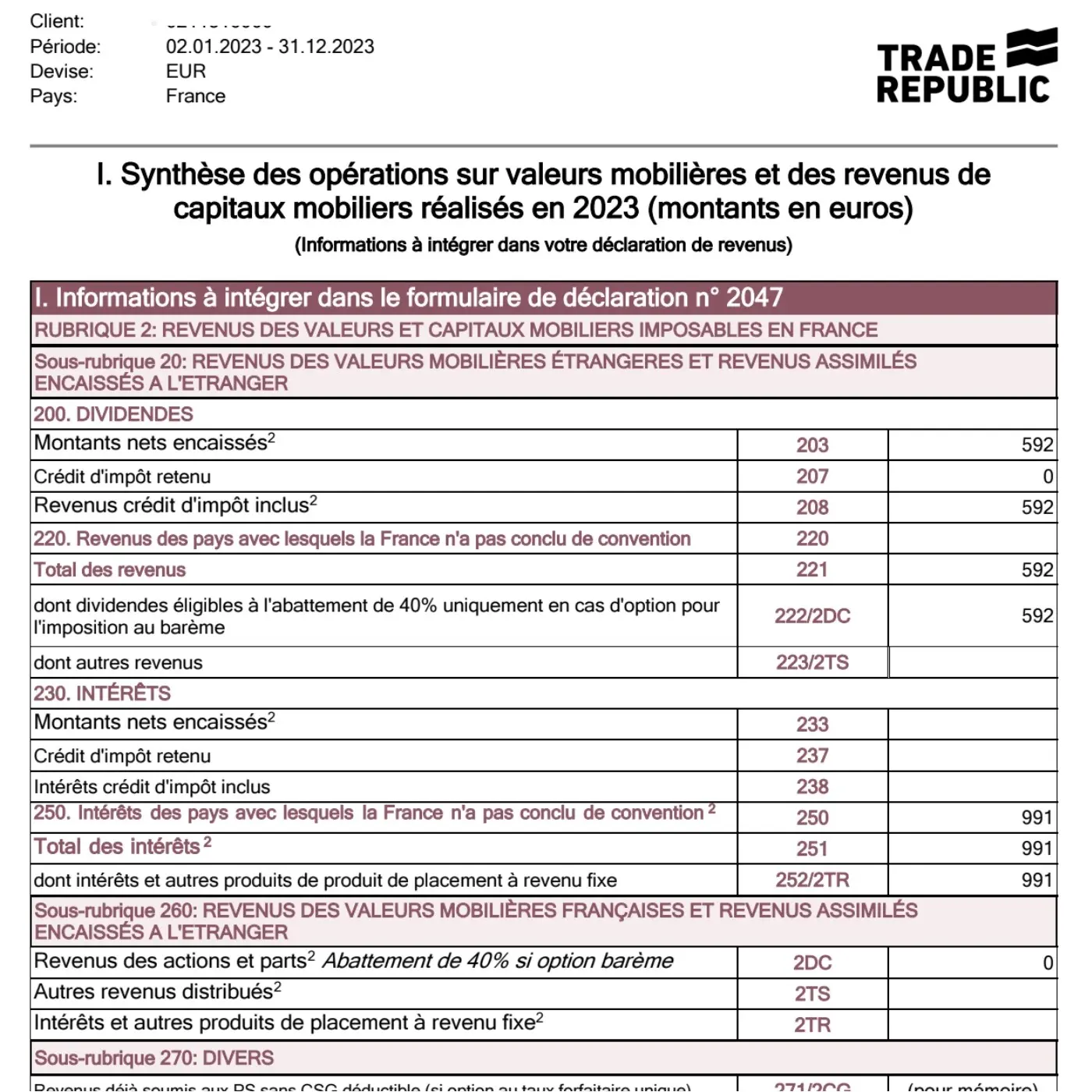 Mon extrait de mon rapport fiscal trade republic