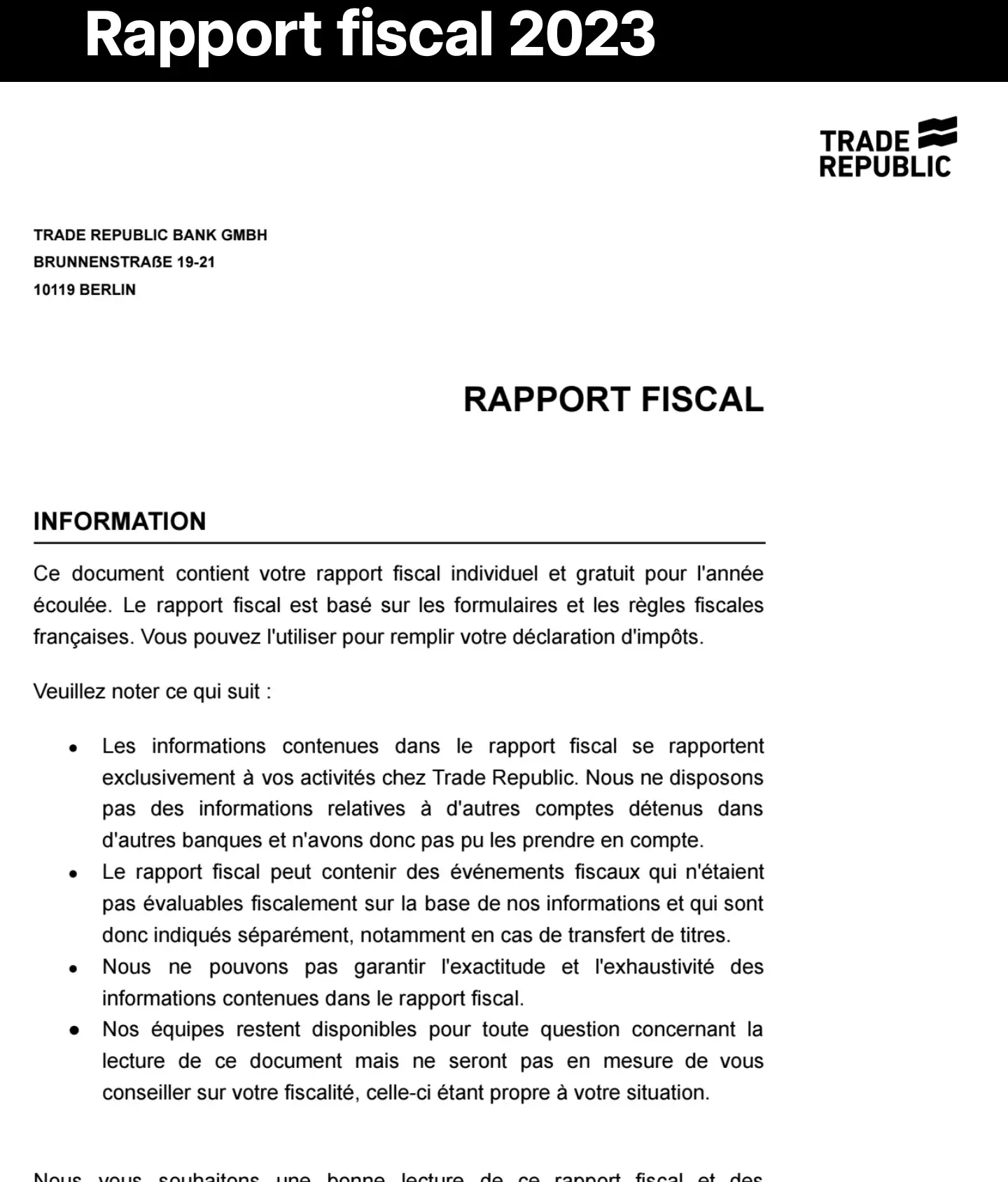 Rapport fiscal trade republic 2023