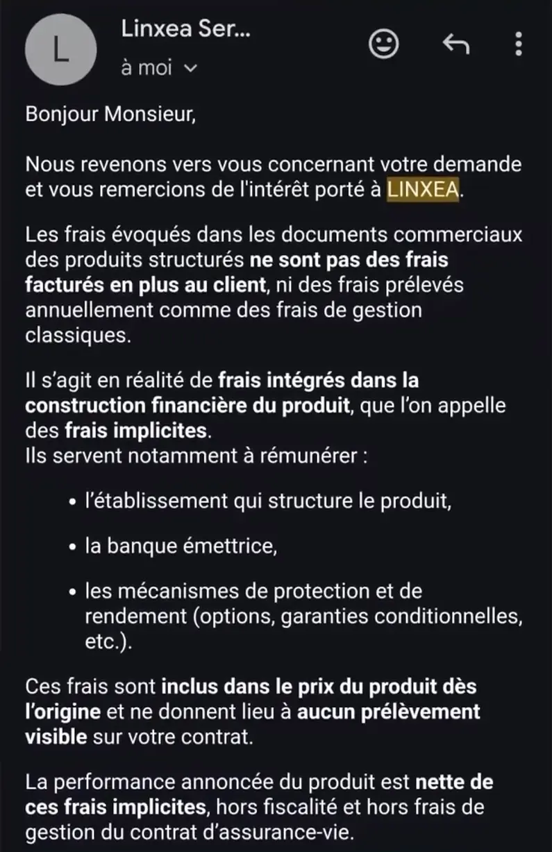 Mail linxea produit structure assurance vie