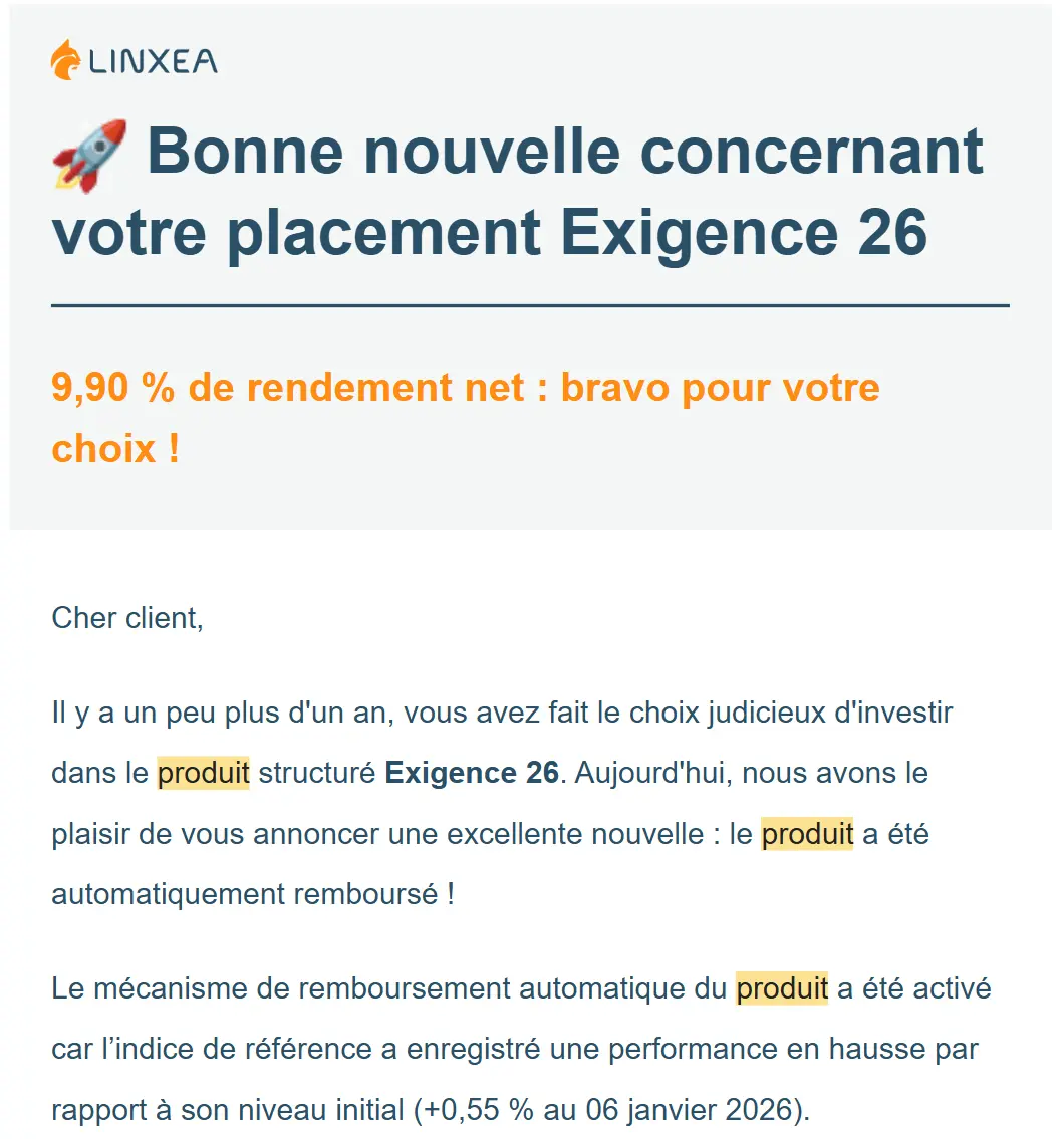 Mail remboursement produit structure rendement linxea