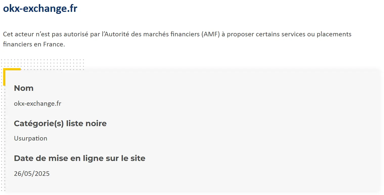 Okx exchange fr interdit amf liste noire usurpation